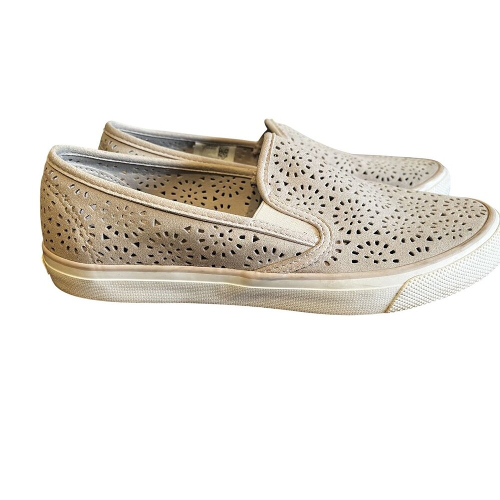 Sperry Leather Slip On Sneaker 10 Seaside Coastal Nautical Preppy Resort Beach